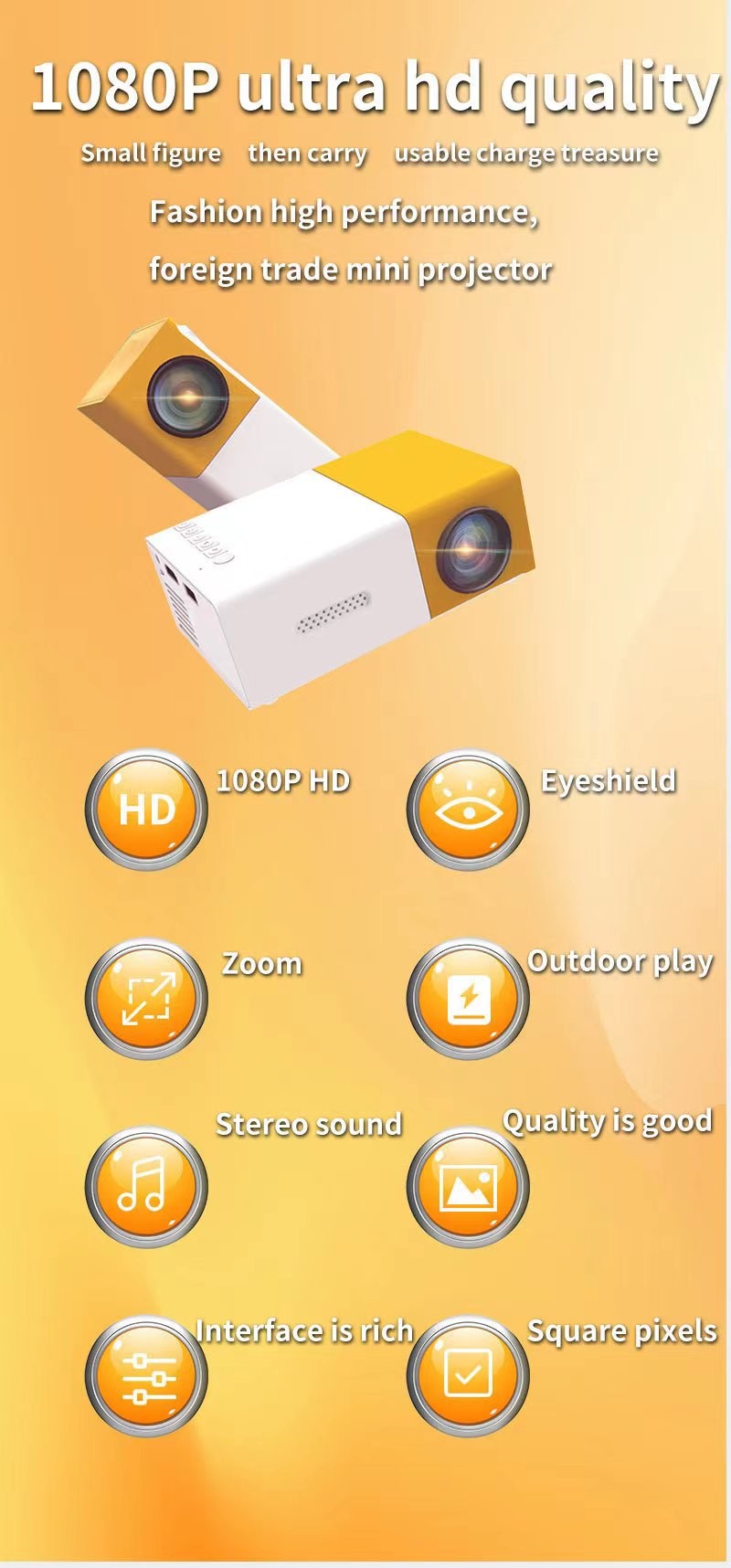 Mini projetor portátil YG300 com suporte a memória de ultra-alta definição para HDTMI, USB e SD, para cinema ao ar livre e projeção de home theater