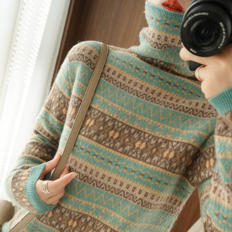 Autumn and Winter New 100% Wool Cashmere Sweater Women's High Neck Pullover Casual Knitted Loose Korean Fashion Color Block Top