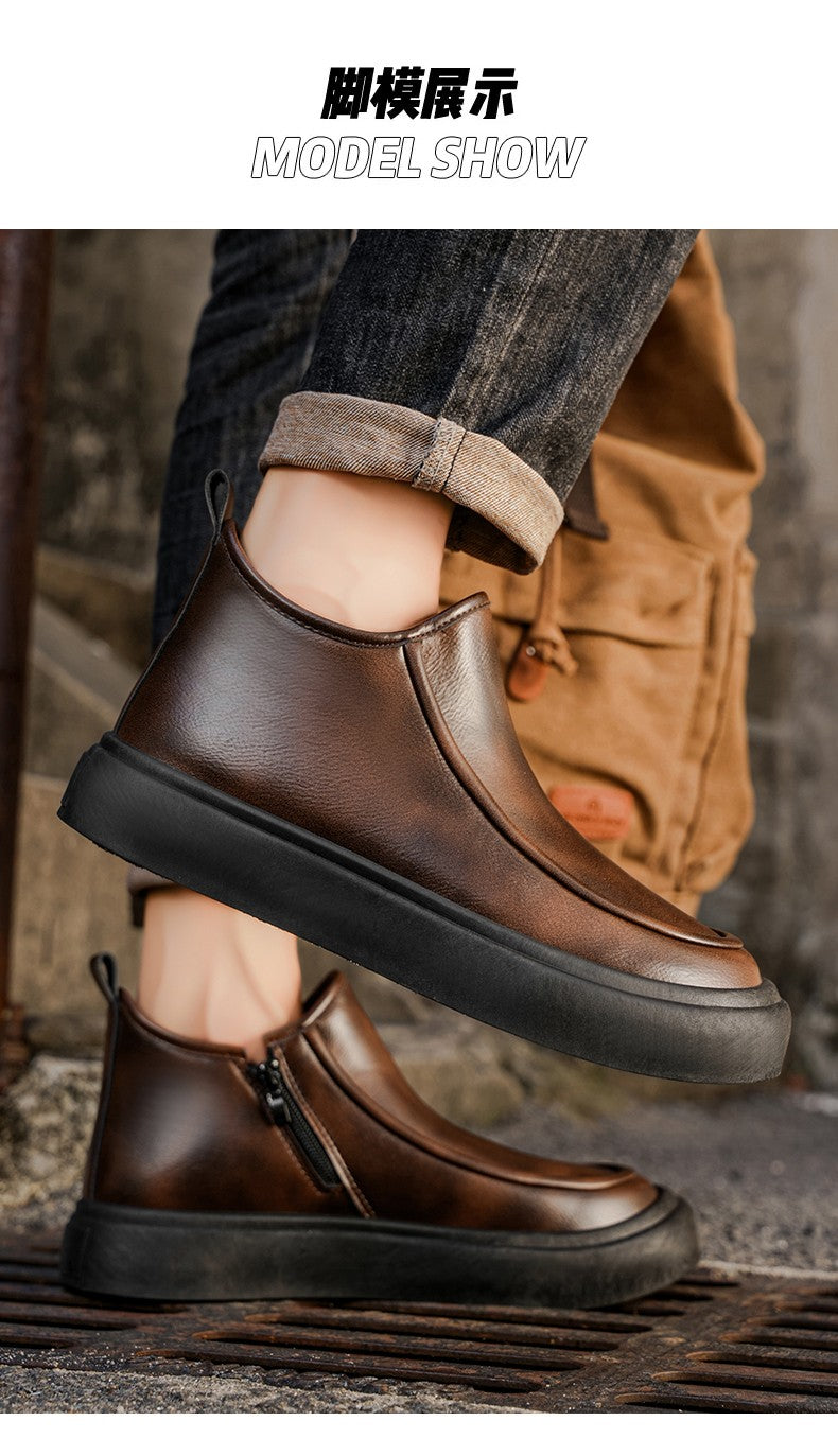 2025 Autumn New Leather Short Boots, Mid-calf Zipper Casual Outdoor Shoes, Anti-slip and Wear-resistant Men's Work Boots
