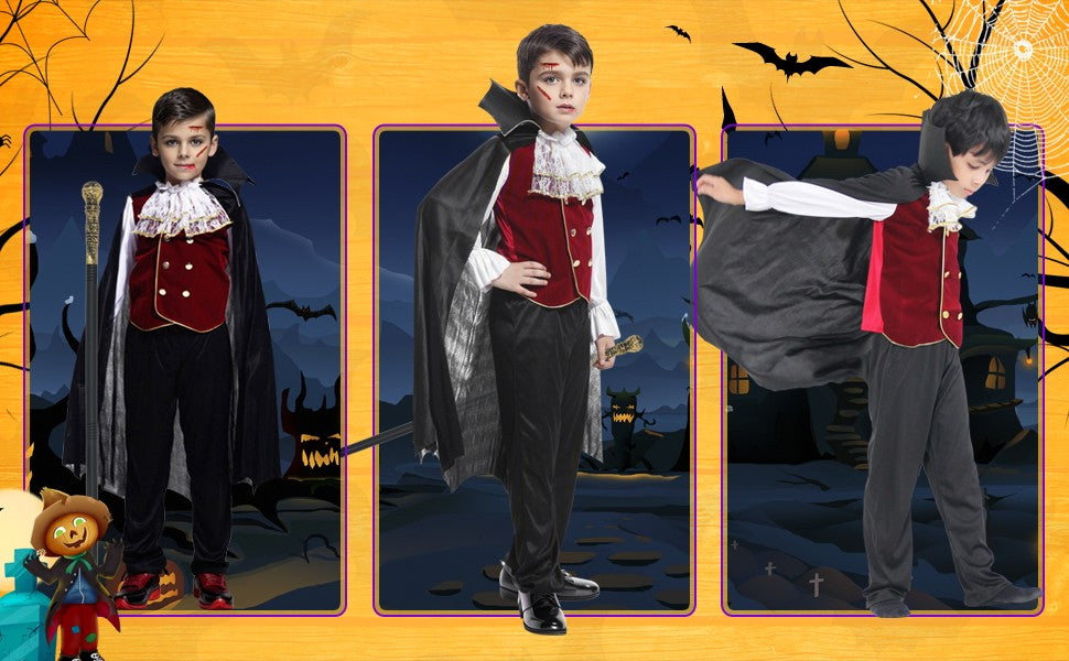 Kids Vampire Cosplay Costume for Boys Men Halloween Carnival Party Costumes with Walking Cane Stickers False Teeth