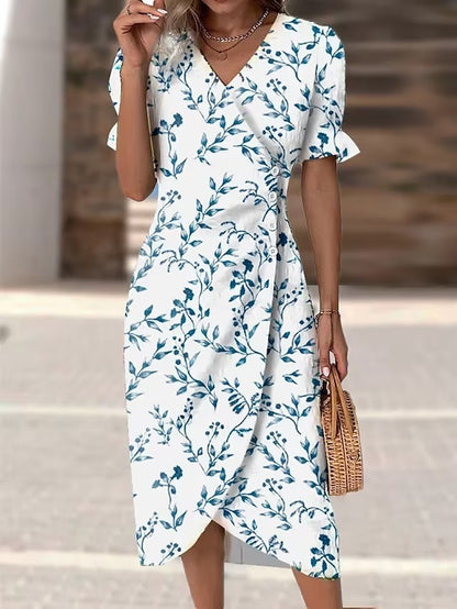 Elegant Floral Pleated H shaped Midi Dress Female V Neck Puff Sleeve Waist Ruche