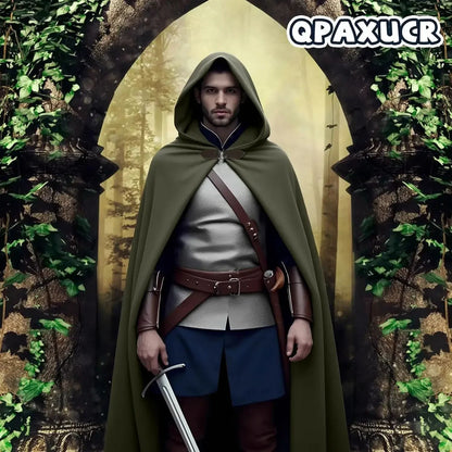 Cloak with Hood Men?Medieval Costume Men Round Metal Buckle Cloak with Green Leaf Brooch Necklace for Halloween