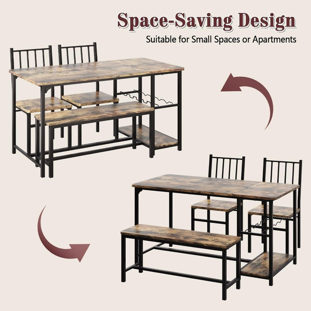 Dining Table Set for 4 with Chairs and Bench, 55" Kitchen Table Chairs Set of 4 with Wine Rack, Wine Glasses Holder, Small Dini