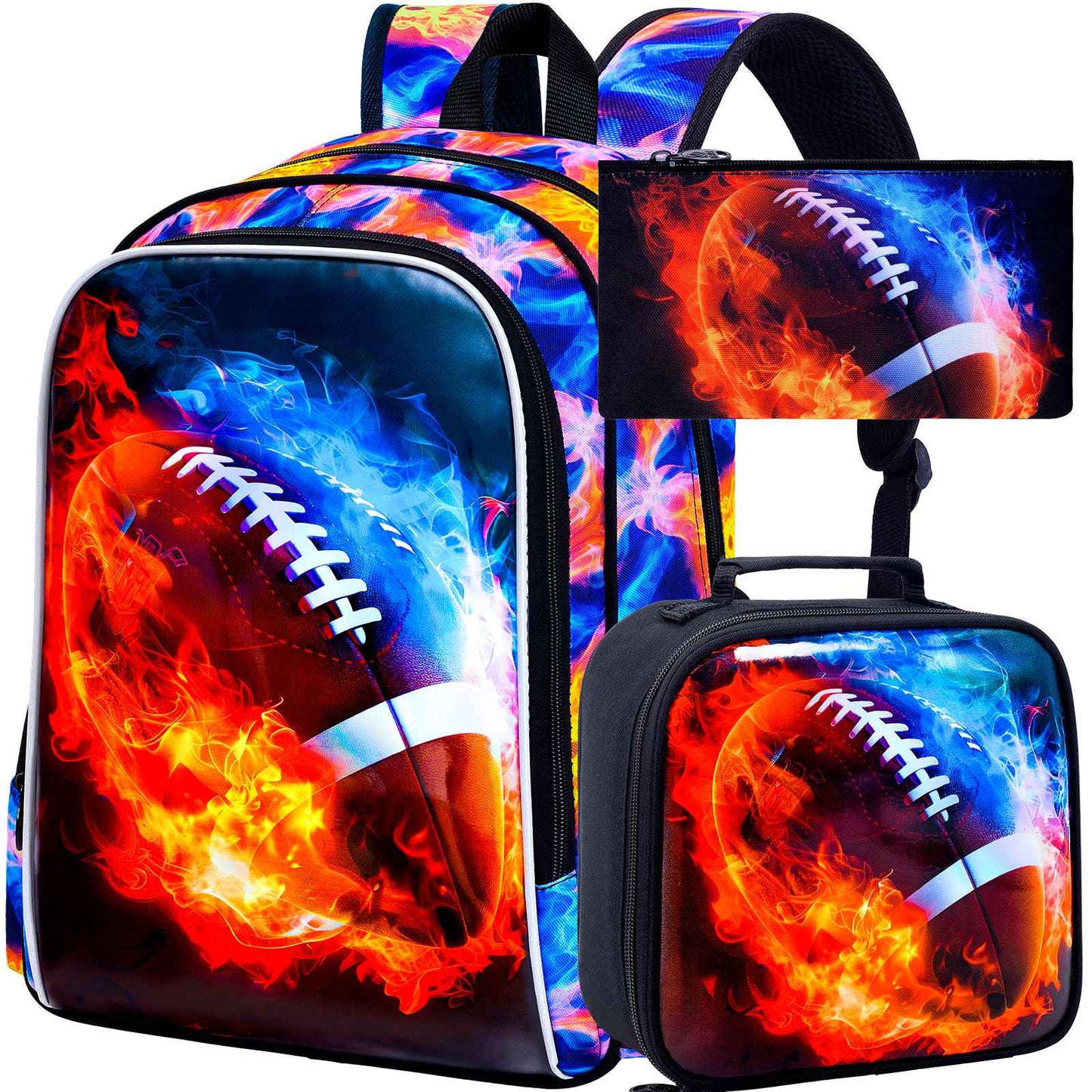 Mochila de Futebol para Meninos 3 Peças, Mochila Escolar Infantil com Lancheira, Mochila Escolar de 17" Resistente à Água para Adolescentes do Ensino Fundamental e Médio