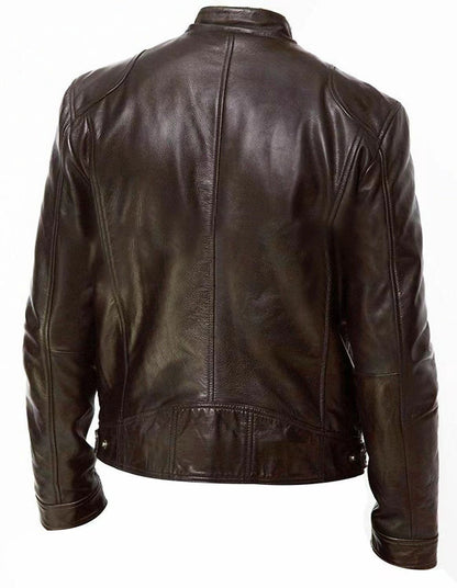Fashionable Men's Stand Collar Slimming Leather Jacket Zipper Pocket Decorative Pu Leather Motorcycle Coat