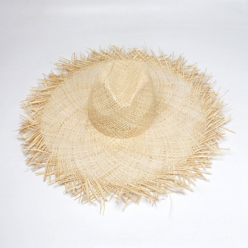 WZCX Feito à Mão Borla Feminina Chapéus de Sol de Palha Aba Larga Grande Chapéu de Palha Natural de Ráfia Panamá Praia Chapéus de Sol Para Feriado
