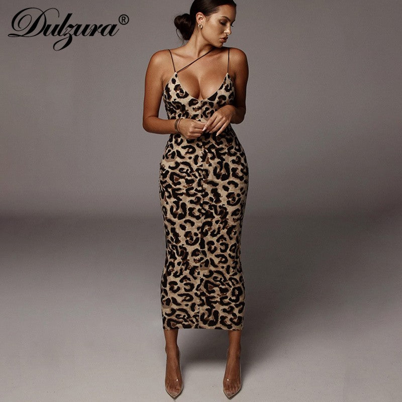 Dulzura Women Party Club Evening Streetwear Leopard Bodycon Midi Dress 2024 Summ