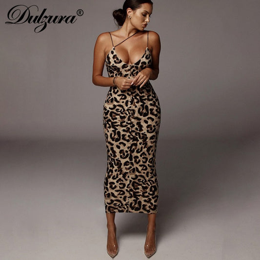 Dulzura Women Party Club Evening Streetwear Leopard Bodycon Midi Dress 2024 Summ