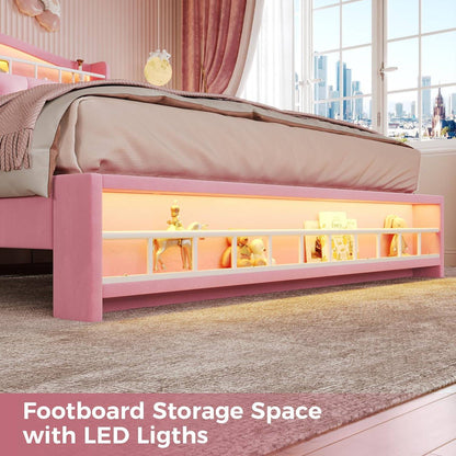 Nova Cama Queen Size Menina com Luzes de LED e Estação de Carregamento, Estrutura de Cama Queen Size de Princesa com Cabeceira com Armazenamento Oculto