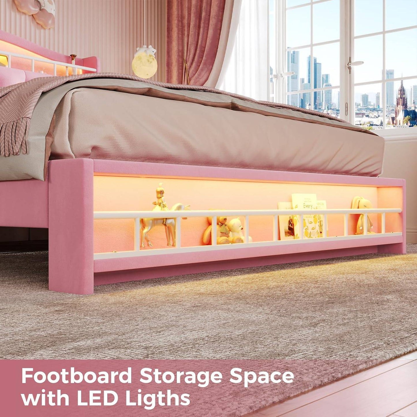 Nova Cama Queen Size Menina com Luzes de LED e Estação de Carregamento, Estrutura de Cama Queen Size de Princesa com Cabeceira com Armazenamento Oculto