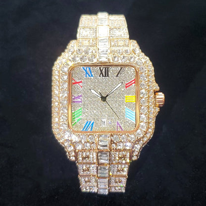 2025 New Luxury Diamond Watch Men Fashion Iced Out Square Colorful Number Watches Hip Hop Bling Jewelry Reloj Hombre for Party