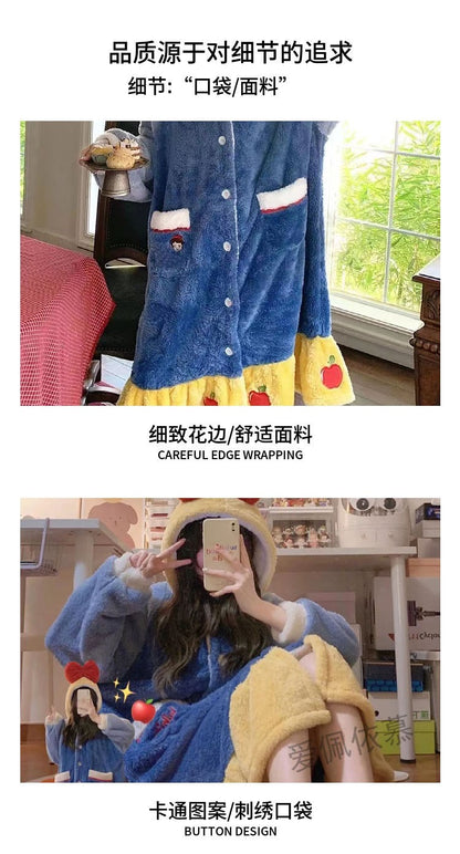 Branca de Neve Princesa Coral Veludo Camisola Feminina Pijama Fofo Desenho Animado Com Capuz Engrossado Outono Inverno Roupão de Banho Roupa de Casa