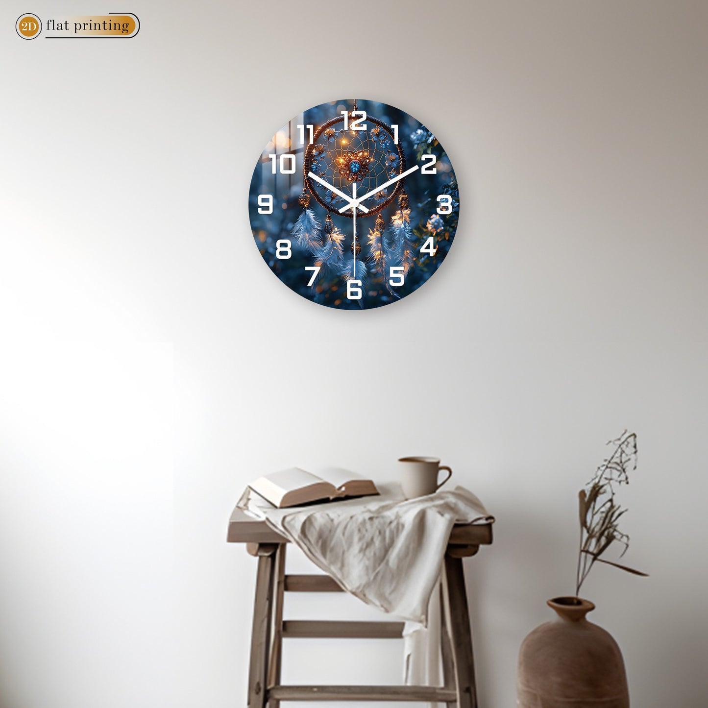 Bohemian Dreamcatcher with Feathers Wall Clock, Bedroom Living Room Decor, Silent Quartz Movement Artistic Timepiece