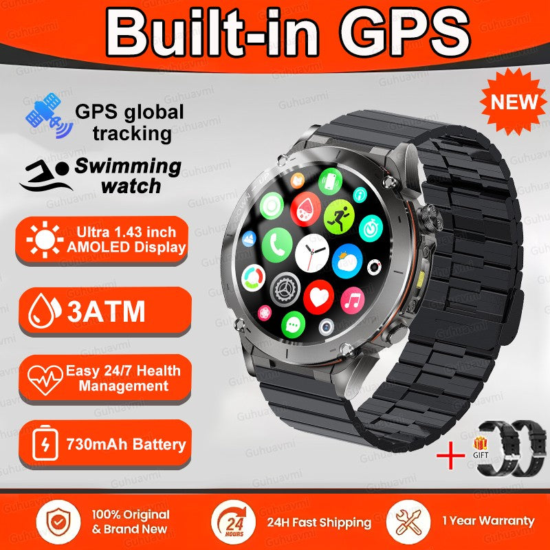 Novo T-Rex 3 GPS Smart Watch AMOLED de 1,43" à prova d'água 10ATM GNSS de banda dupla integrado Bússola Militar Esportivo Smartwatch Pulseira Masculina