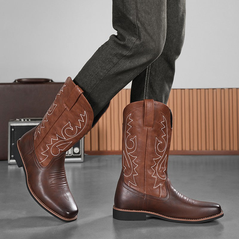 Men's Creative Pattern Embroidered Vintage Lace-Up Boots Wide-Toe Men's Cowboy Boots High-Top Riding Boots Extra Large Sizes