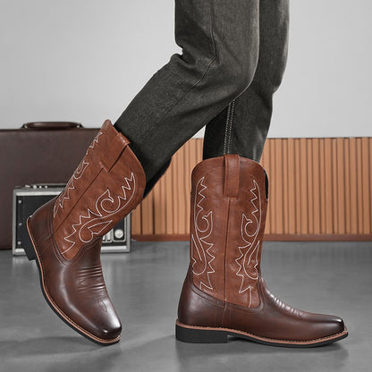 Men's Creative Pattern Embroidered Vintage Lace-Up Boots Wide-Toe Men's Cowboy Boots High-Top Riding Boots Extra Large Sizes