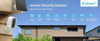 Câmeras de segurança externas sem fio com painel solar Jennov 2K WiFi 2.4G holofote com bateria visão noturna alarme de detecção de movimento