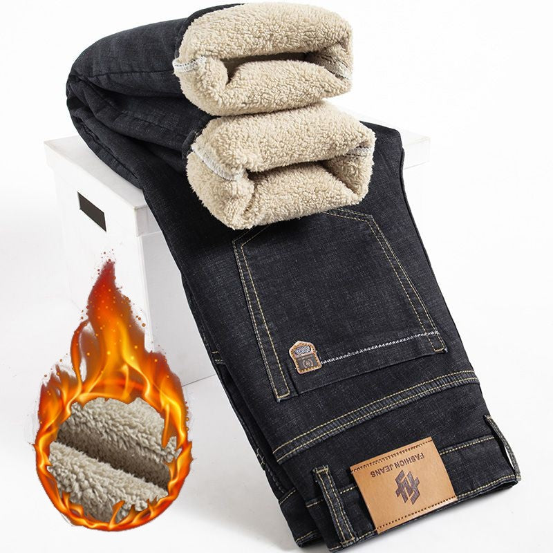 Calça Jeans Masculina de Inverno Forrada com Lã Grossa Calça Jeans Masculina de Cintura Solta Reta Slim Fit Calça Social Casual Confortável