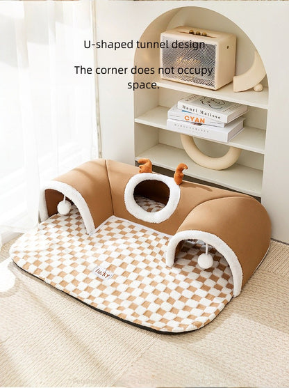 Cama de Gato de Pelúcia Quente de Inverno com Aparência de Rena Esconderijo Túnel para Gatos Brincar e Dormir Casa Integrada para Gatos Ninho para Animais de Estimação