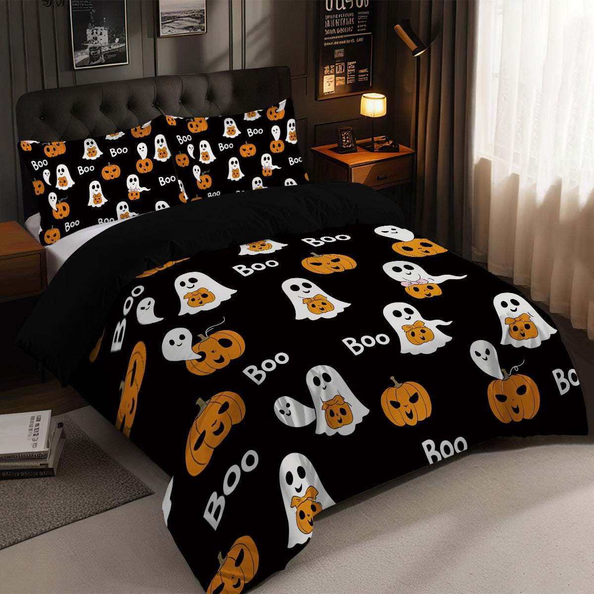 3 capas de edredom fofas de fantasma de Halloween, 1 capa de edredom + 2 fronhas, sem enchimento. Conjunto de cama macio e confortável, lavável à máquina