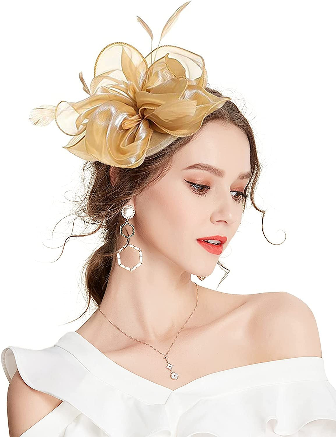 Novo Chapéu Fascinator de Organza Feminino com Flor de Pena Kentucky Derby Cocar Chapéu Pillbox para Casamento Chá da Tarde Acessórios de Cabelo com Clipe