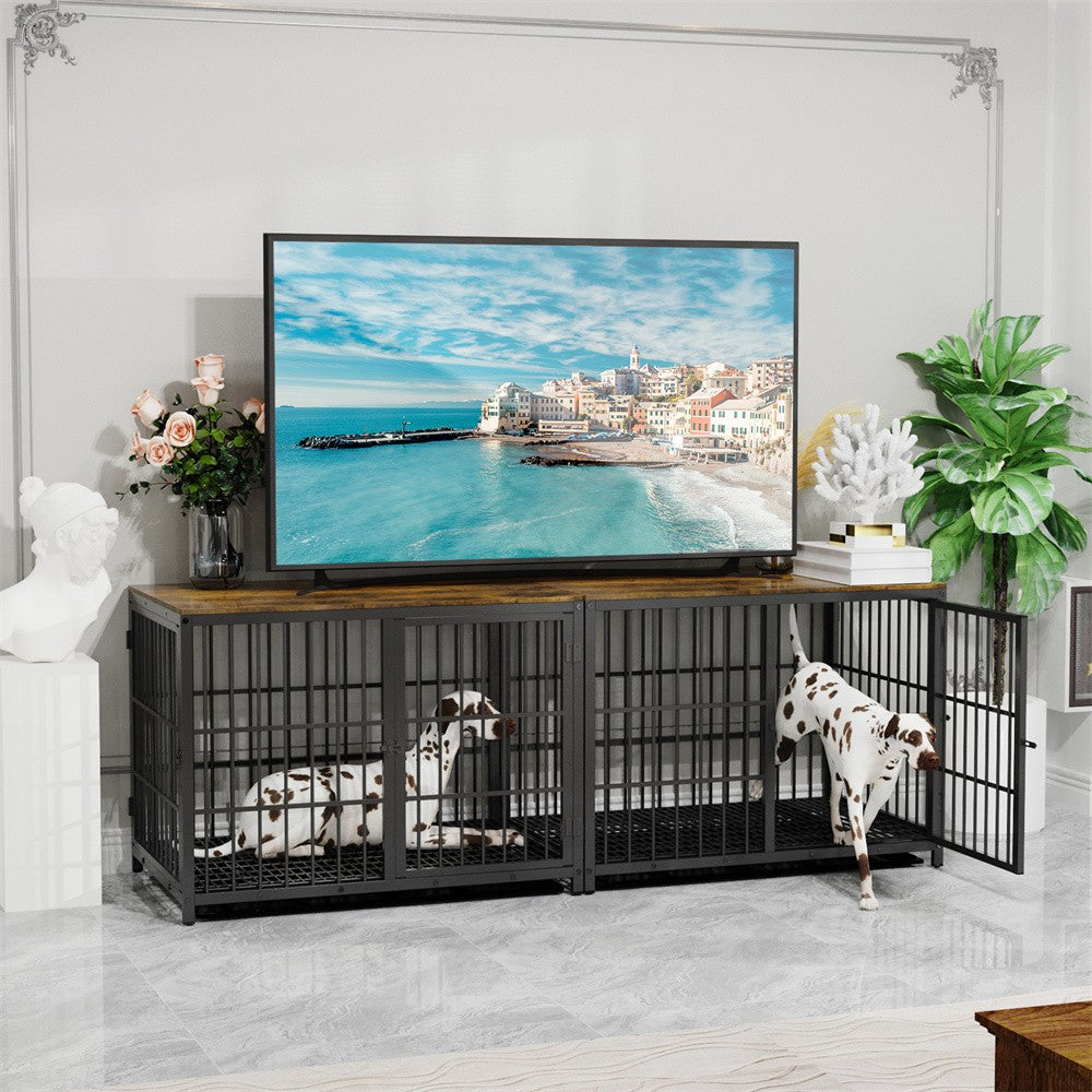 Caixa de Madeira Grande para Cães, Estilo Móvel Interno, Gaiola Elevada para Cães de Estimação, Canil, Mesa de Apoio, Cercado com Treliça, 3 Portas, Bandeja Removível