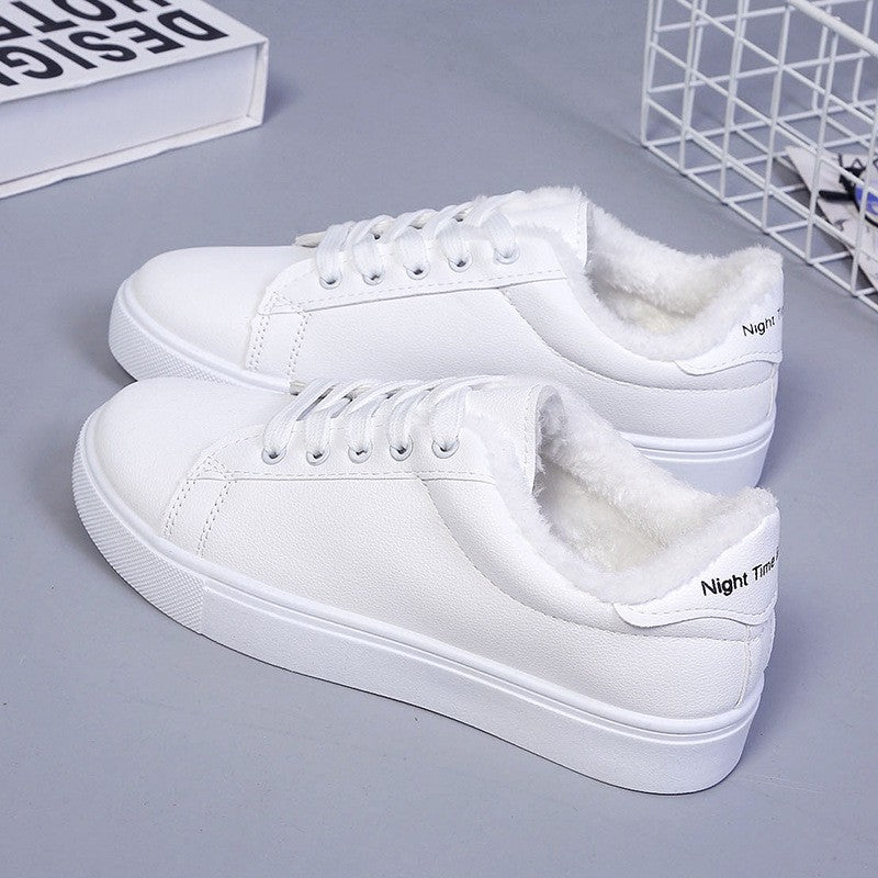 Tênis Feminino de Inverno, Quente, Pelúcia, Sola Vulcanizada, Plataforma, Algodão, Cadarço, Branco, Com Pelúcia, Casual