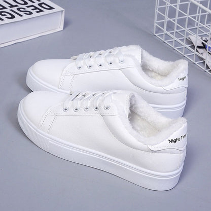 Tênis Feminino de Inverno, Quente, Pelúcia, Sola Vulcanizada, Plataforma, Algodão, Cadarço, Branco, Com Pelúcia, Casual