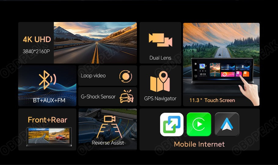 K2 Pro 11.3" DVR Automotivo 4K Câmera Sem Fio Carplay Android Auto Tela AI Câmera de Painel Gravador de Vídeo de Lente Dupla GPS de Navegação de Painel