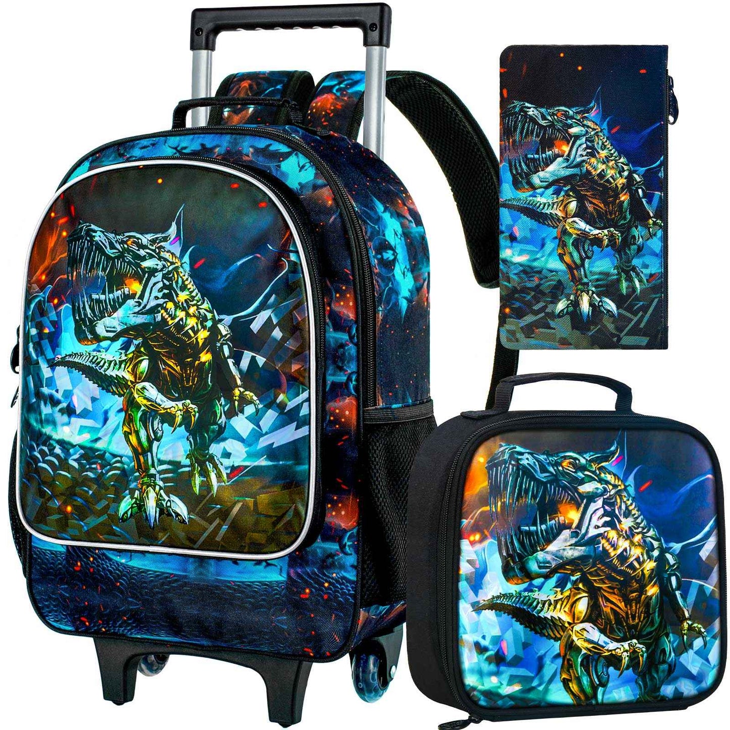 Mochila de rodinha 3 peças para meninos, mochila escolar de dinossauro com rodinhas, conjunto de malas escolares para crianças pequenas