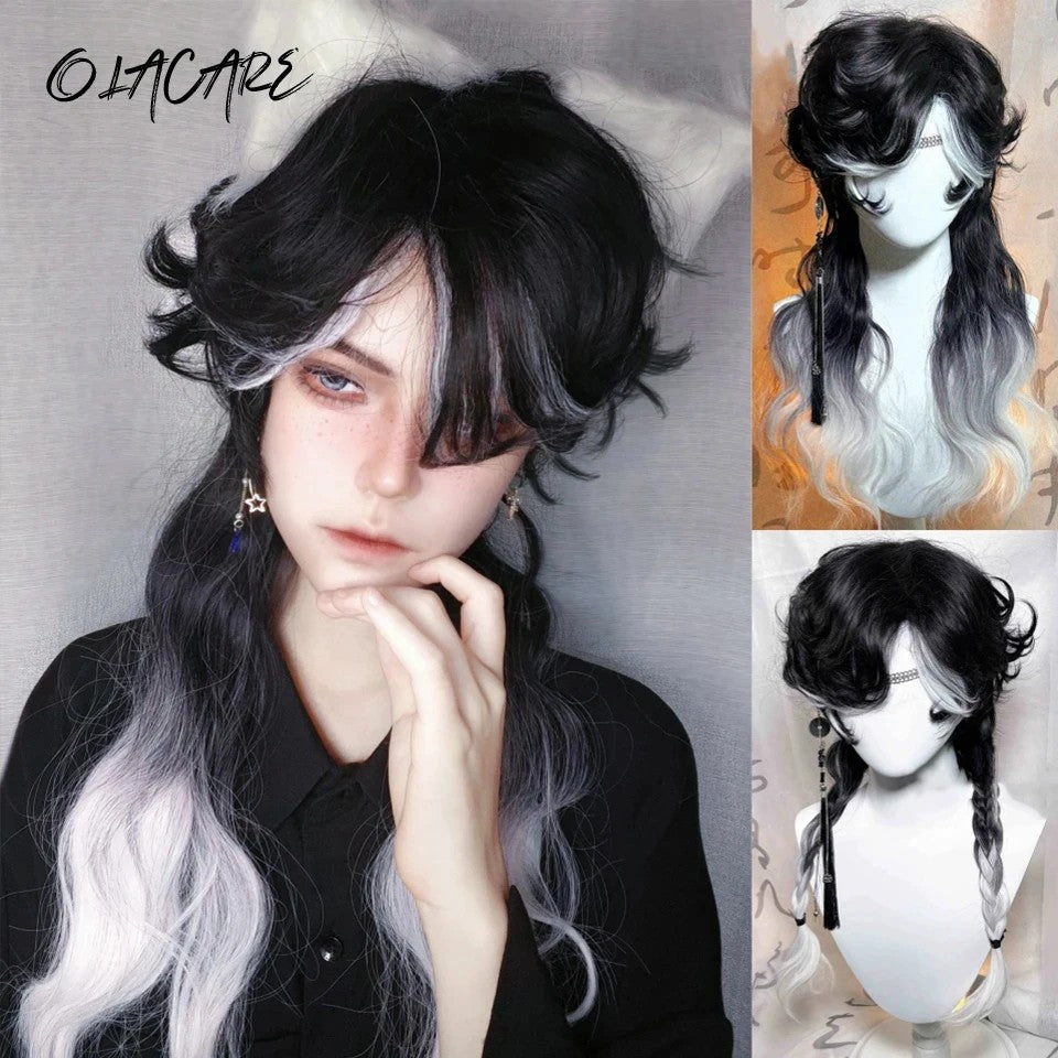 OLACARE Perucas Curta Mullet com Franja Sintética Reta Anime Masculina Preto Branco Cinza Verde Peruca de Cabelo para Festa Diária Cosplay