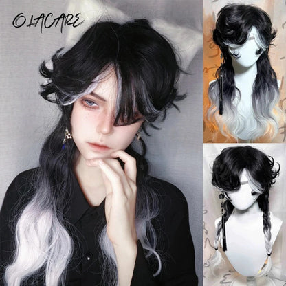 OLACARE Perucas Curta Mullet com Franja Sintética Reta Anime Masculina Preto Branco Cinza Verde Peruca de Cabelo para Festa Diária Cosplay