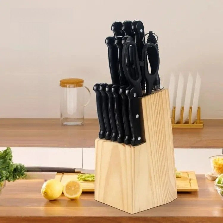 Conjunto de Facas de Cozinha 15 Peças com Bloco de Madeira, Conjunto de Facas de Bife de Aço Inoxidável e Tesoura, Conjunto de Facas Profissional