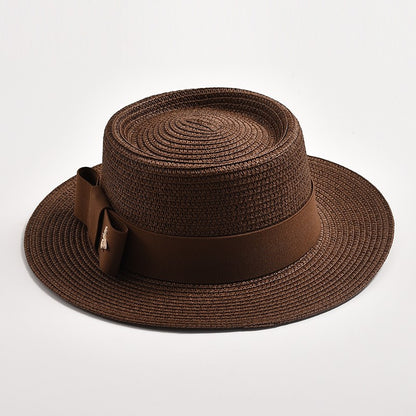 Novos Chapéus de Palha Primavera Verão Femininos de Superfície Ondulada, Topo Reto, Laço, Boné de Vestido, Chapéu de Sol para Viagem e Praia, Gorra