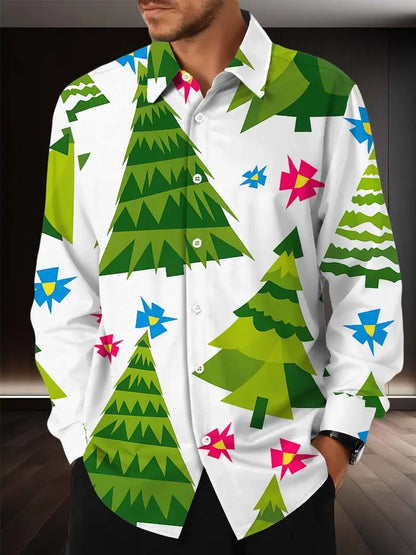 Christmas themed men's 3D hat printed formal shirt, Christmas pattern long sleeved shirt, fashionable men's shirt