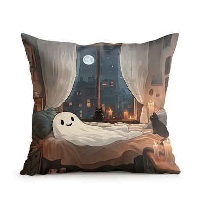 Halloween Ghost Pumpkin Print Cushion Cover Peach Skin Velvet Room Home Sofa Living Office Car Simplicity Pillow Cover 45x45CM
