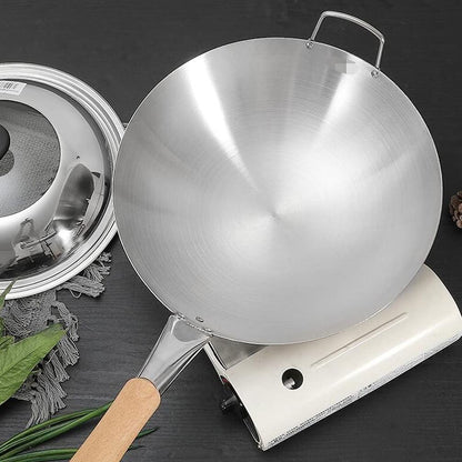 Wok de Aço Inoxidável com Cabo de Faia Anti-Queimadura Fundo Redondo Utensílio de Cozinha para Fogões a Gás 32cm