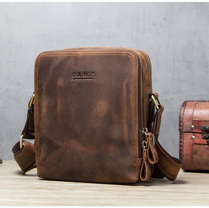 CONTACT'S Genuine Leather Men's Messenger Bag Vintage Sling Shoulder Bags for 7.9" iPad Mini High Quality Male Crossbody Bag Men