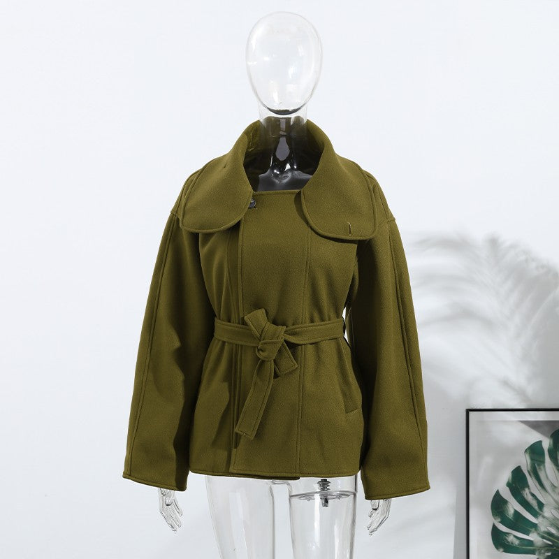 Woolen Solid Women Coat Fashion Belt Patchwork Lace Up Full Sleeve Lapel Lady Jacket 2025 Autumn Winter Female Loose Streetwear