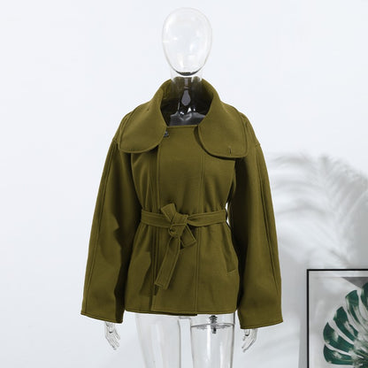 Woolen Solid Women Coat Fashion Belt Patchwork Lace Up Full Sleeve Lapel Lady Jacket 2025 Autumn Winter Female Loose Streetwear