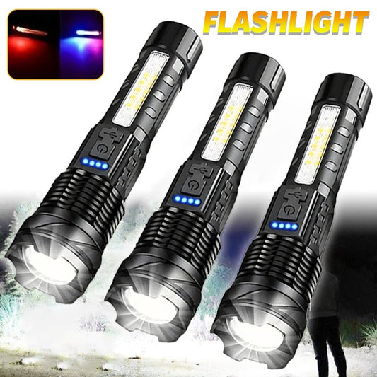 Powerful XHP50 LED Flashlight Waterproof Torch With Side Light 7 Modes Camping Fishing Lantern Type C Rechargeable Zoom Lamp