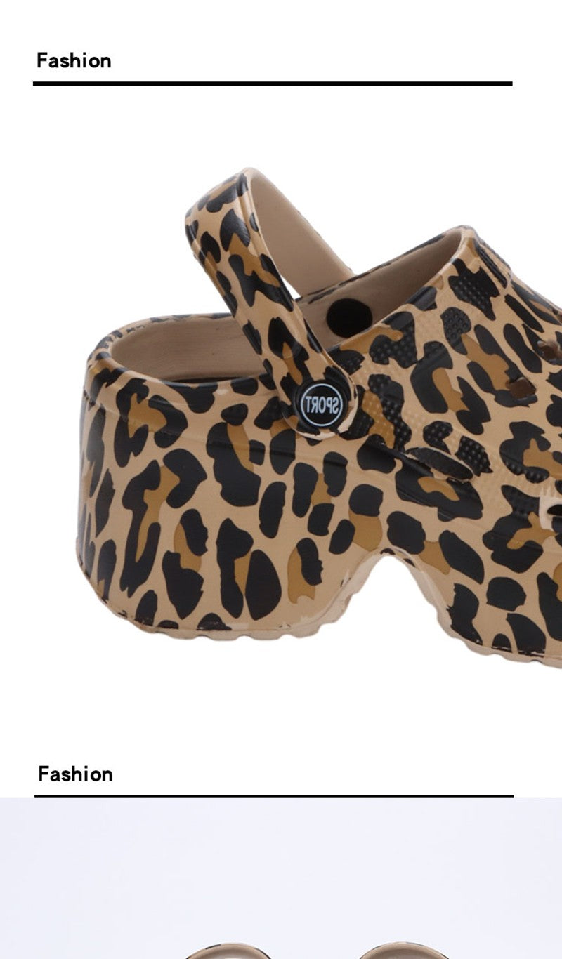 Leopard Thick Bottom Clogs for Women Closed Toe Chunky Platform Sandals Woman Summer 2023 Super High Wedge Heel Slippers Female
