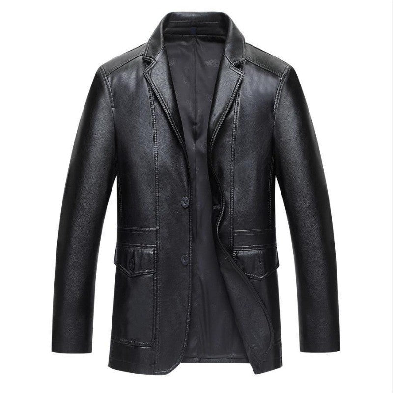 Fashion PU Leather Jacket Mid-length Fleece Thickened Windbreakers Suit Styles Large-sized Coats Overcoats Men's Slimming Trendy