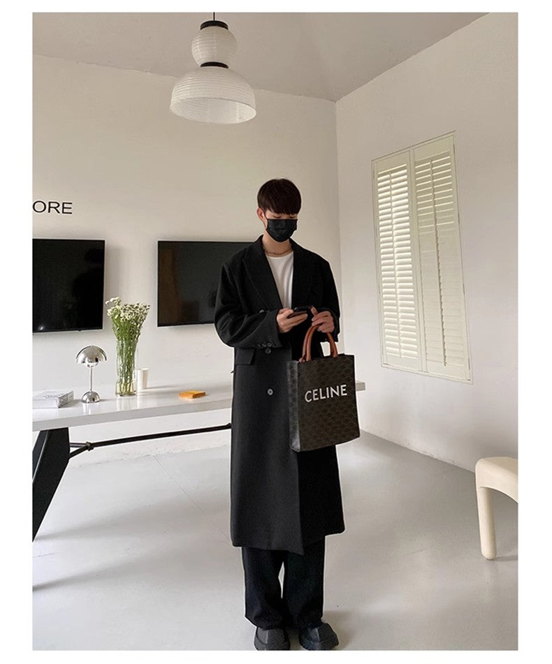 Mauroicardi Autumn Winter Long Warm Coffee Black Soft Woolen Coat Men Double Breasted Loose Casual Wool Blends Overcoat 2023