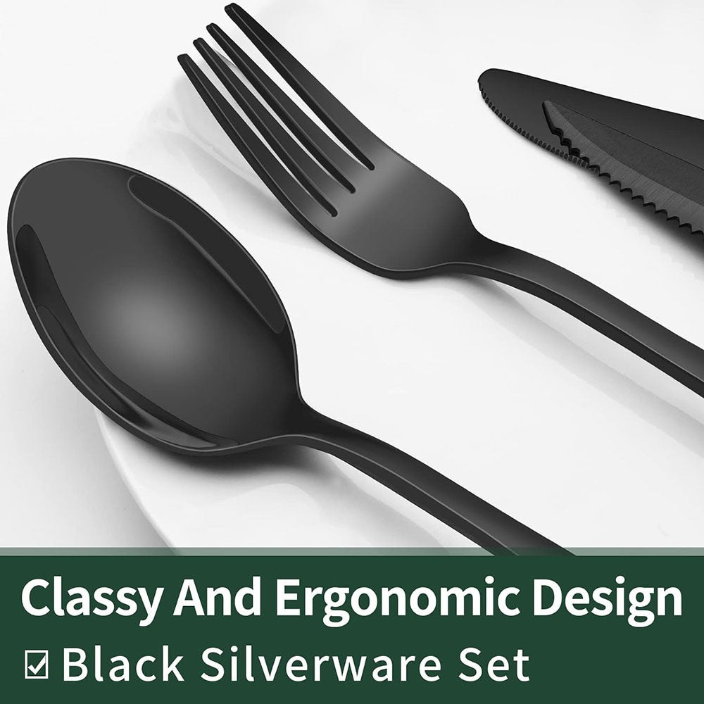 Conjunto de Talheres Pretos com Facas de Carne, Conjunto de Talheres para 4 Pessoas, Louça de Grau Alimentício, Conjunto de Talheres, Conjunto de Utensílios com Acabamento Espelhado