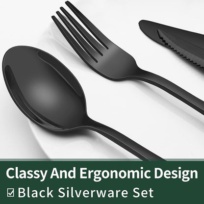 Conjunto de Talheres Pretos com Facas de Carne, Conjunto de Talheres para 4 Pessoas, Louça de Grau Alimentício, Conjunto de Talheres, Conjunto de Utensílios com Acabamento Espelhado