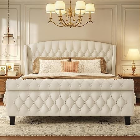 Cama Queen, Estrutura de Cama Estofada em Veludo de 99cm de Altura com Cabeceira e Peseira em Sleigh, Não Requer Box Spring,