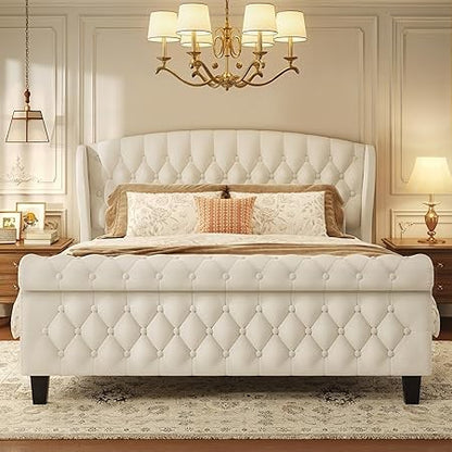 Cama Queen, Estrutura de Cama Estofada em Veludo de 99cm de Altura com Cabeceira e Peseira em Sleigh, Não Requer Box Spring,