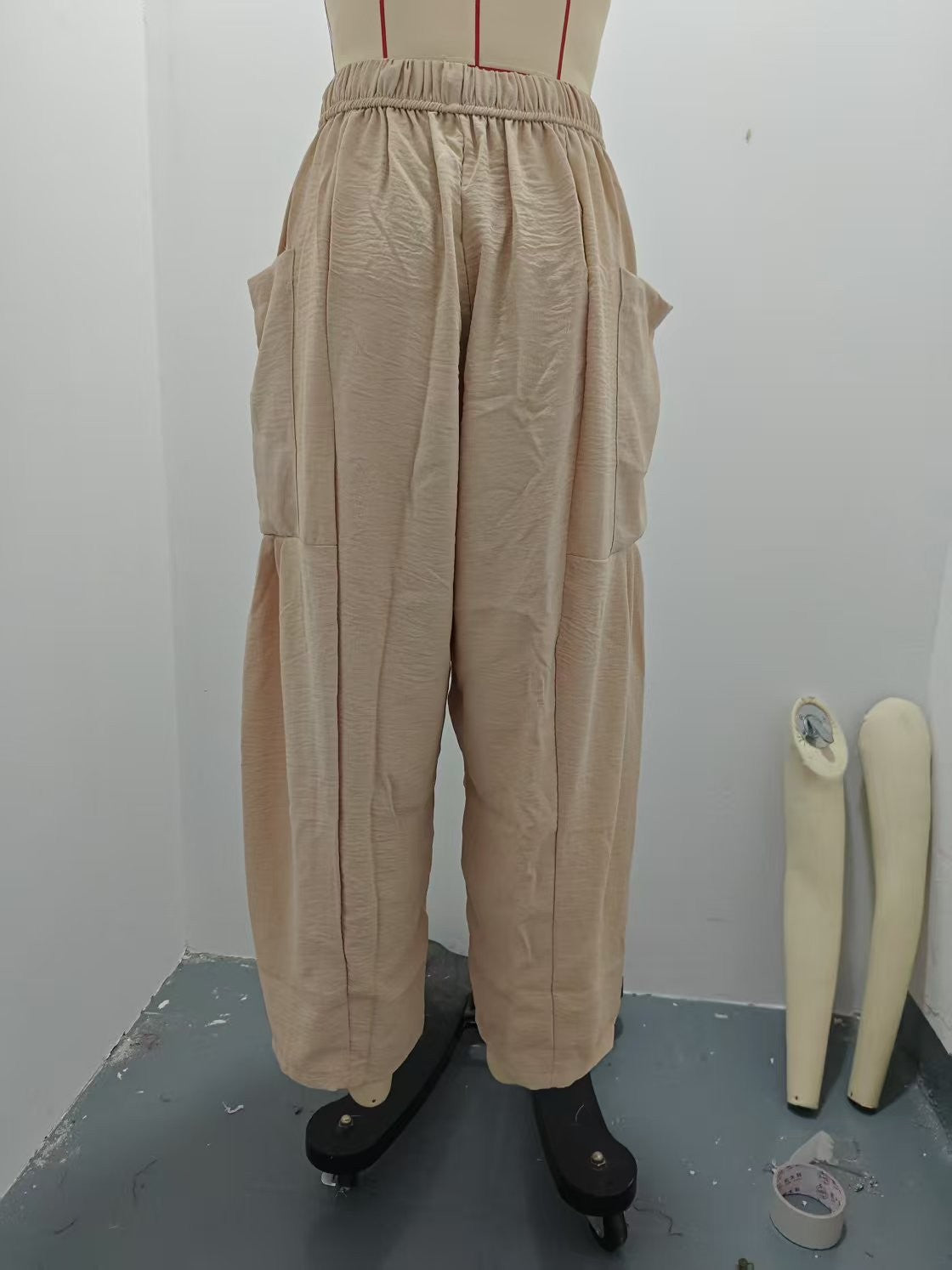 Women's Stretched-waist Pleated High-waisted Wide-leg Trousers Spring Autumn Fashion Cotton Linen Pocket Casual Trousers Woman