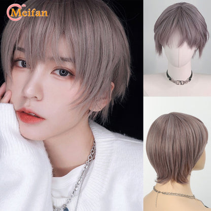 Peruca MEIFAN Sintética Curta para Cosplay Lolita Anime Masculina Cabelo Liso Masculino Fibra de Alta Temperatura Rosa Azul Louro Ombré Preto Peruca